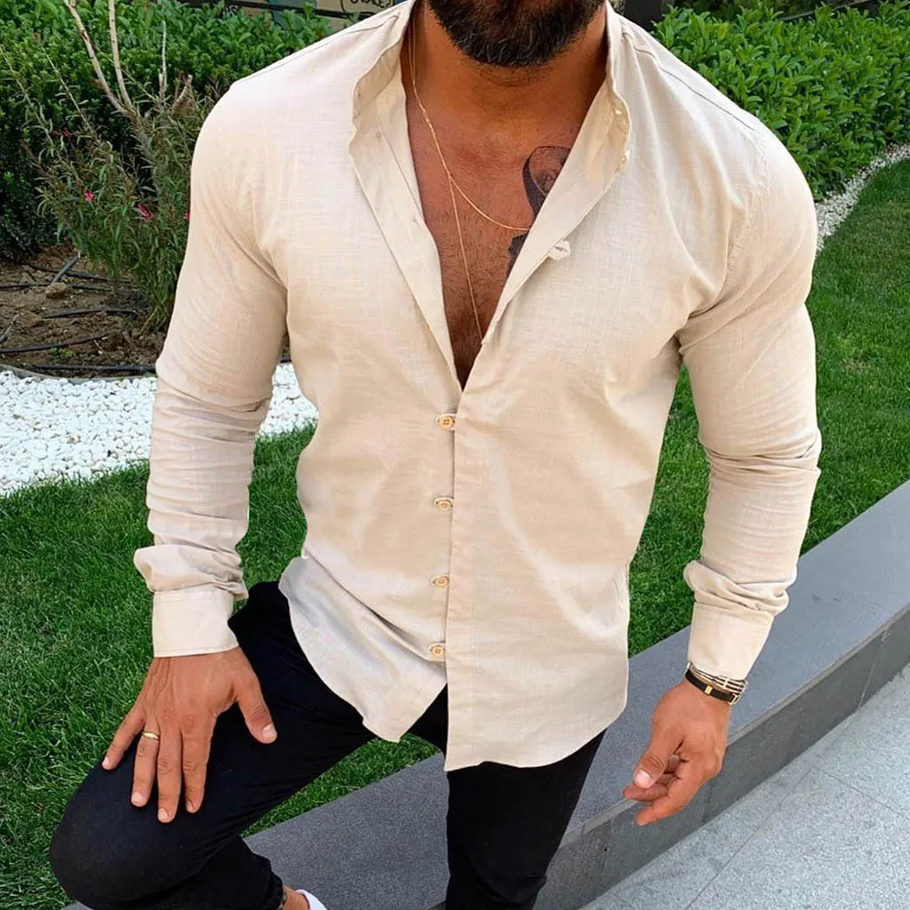 

Men's Casual Long Sleeve Shirt Men's Fashion Linen Button-down Cardigan Cotton Linen Stand-up Collar Shirt