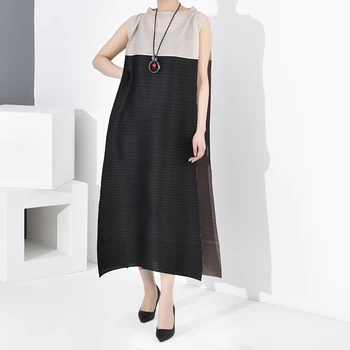 

LANMREM 2020 New Summer Fashion Women Clothing Round Neck Sleeveless Pleated Contrast Colors Pullover Loose Dress WH35512