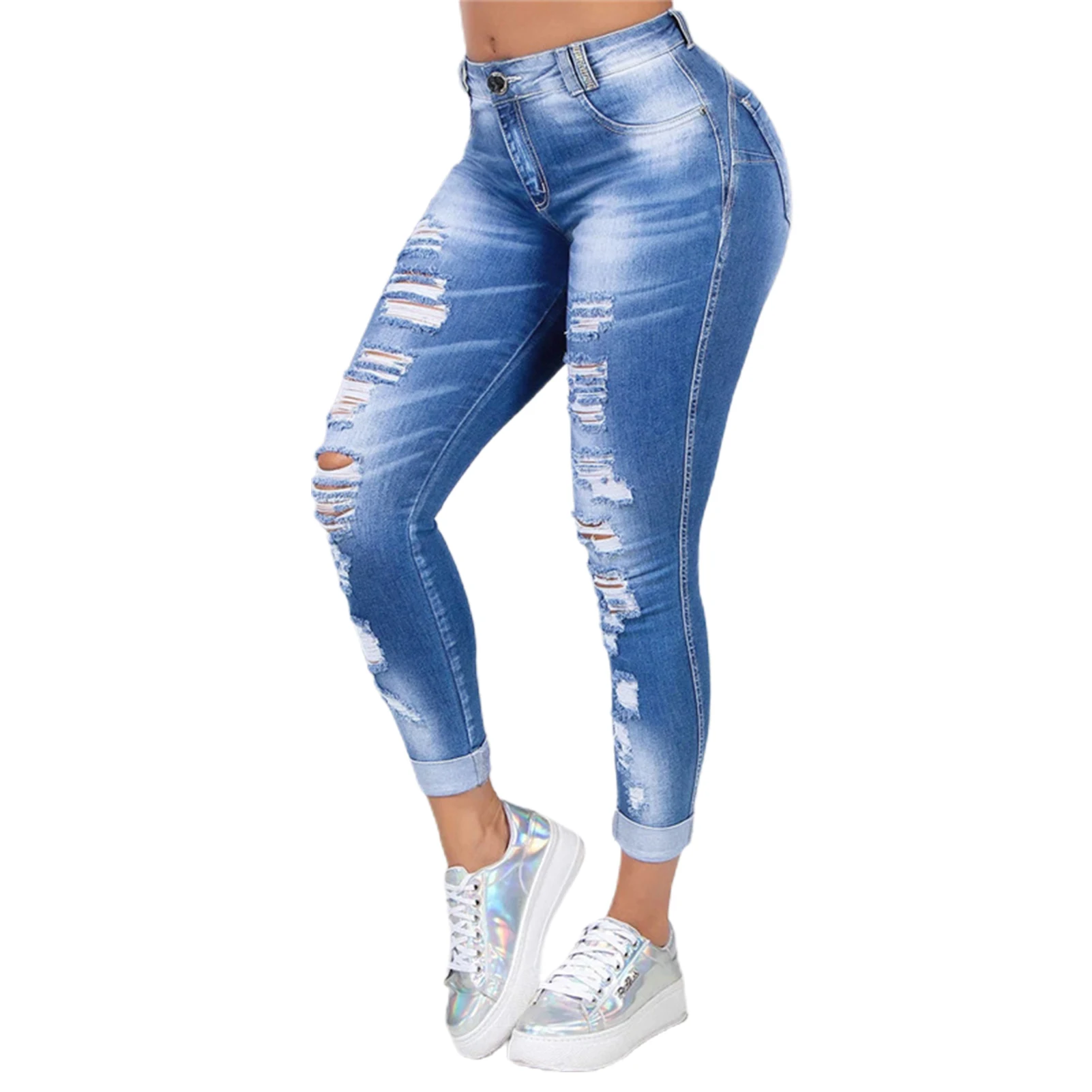 plus size 5XL Women Ripped High Waist Trousers Skinny Denim
