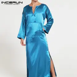 INCERUN для мужчин сплошной цвет шелк атлас комфорт V образным вырезом с длинным рукавом большой карман сексуальное ночное платье Домашняя