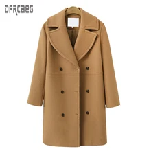 Зима новая теплая двубортная Женская Длинная шерстяная куртка с карманами Женская шерстяная куртка черное повседневное длинное пальто Femme