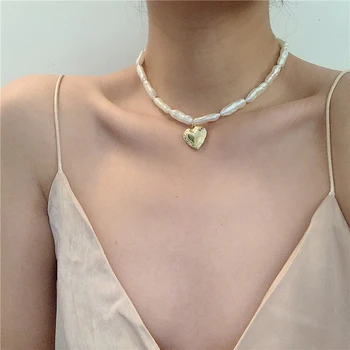 

GHIDBK Unique Design Heart Pendant Fake Pearls Necklaces Bohemian Irregular Pearl Charming Chokers Dainty Street Style Necklace