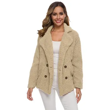 

Women Faux Fur Jacket Winter Black Solid Color Warm Jacket Autumn Ladies Outerwear Female Button Overcoat 2019