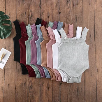 

Baby Girls Boys 3M-24M Bodysuits Summer Clothing Newbown Sleeveless Ribbed Ruffled Solid Jumpsuits Solid Playsuits