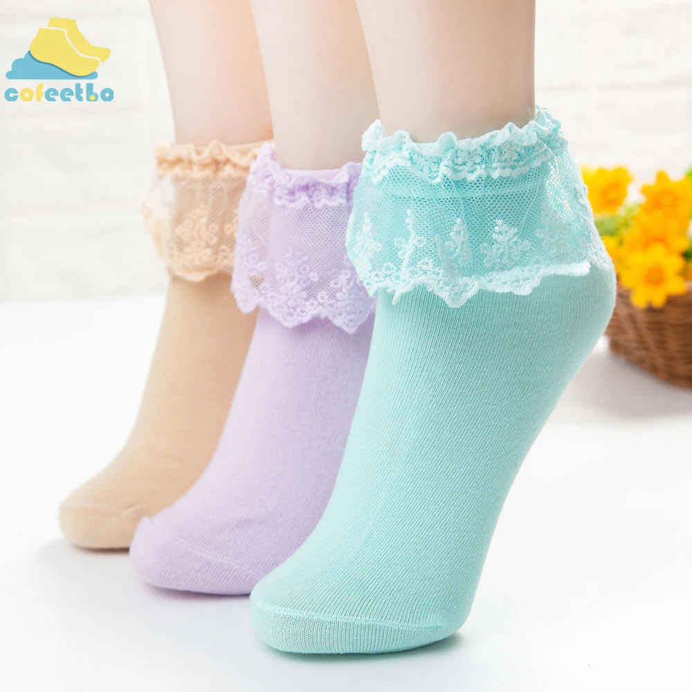 Милые кружевные короткие носки женские Харадзюку Лолита оборками хлопок принцесса носки Девушки Мягкие Удобные однотонные носки