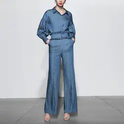 Горячая распродажа полный пояса из полиэстера костюм 2019 Новая мода темперамент женская джинсовая рубашка + широкие брюки комплект из двух