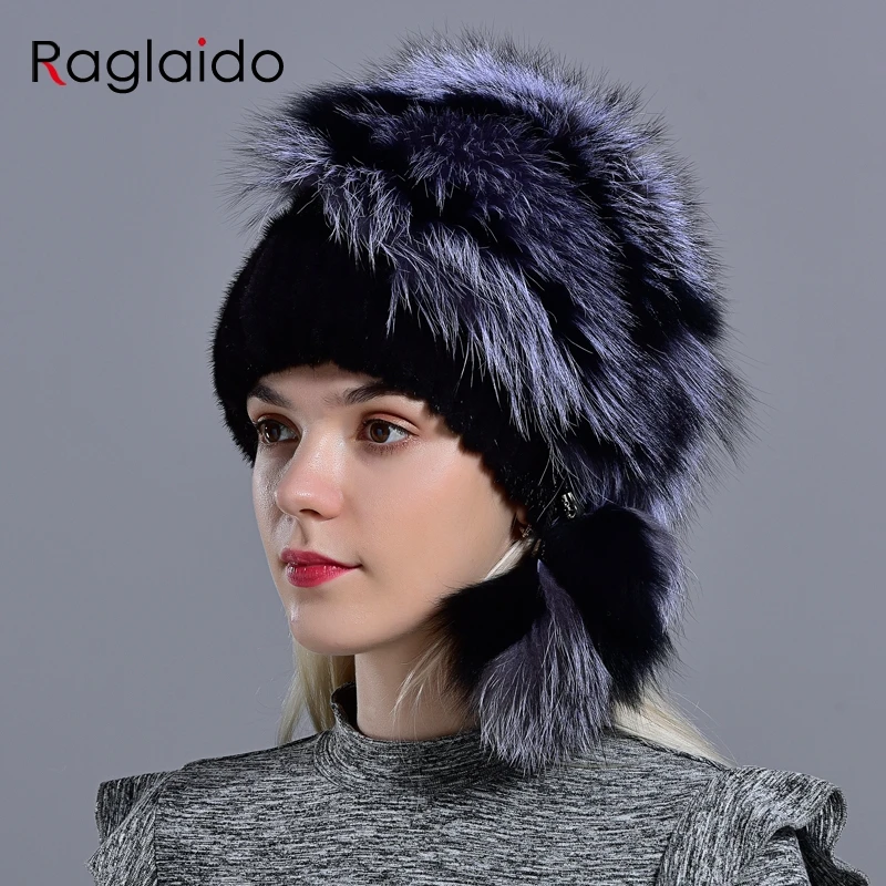 Winter Bomber Hats Rabbit with Silver Fox Fur Ball Knitted Beanies
