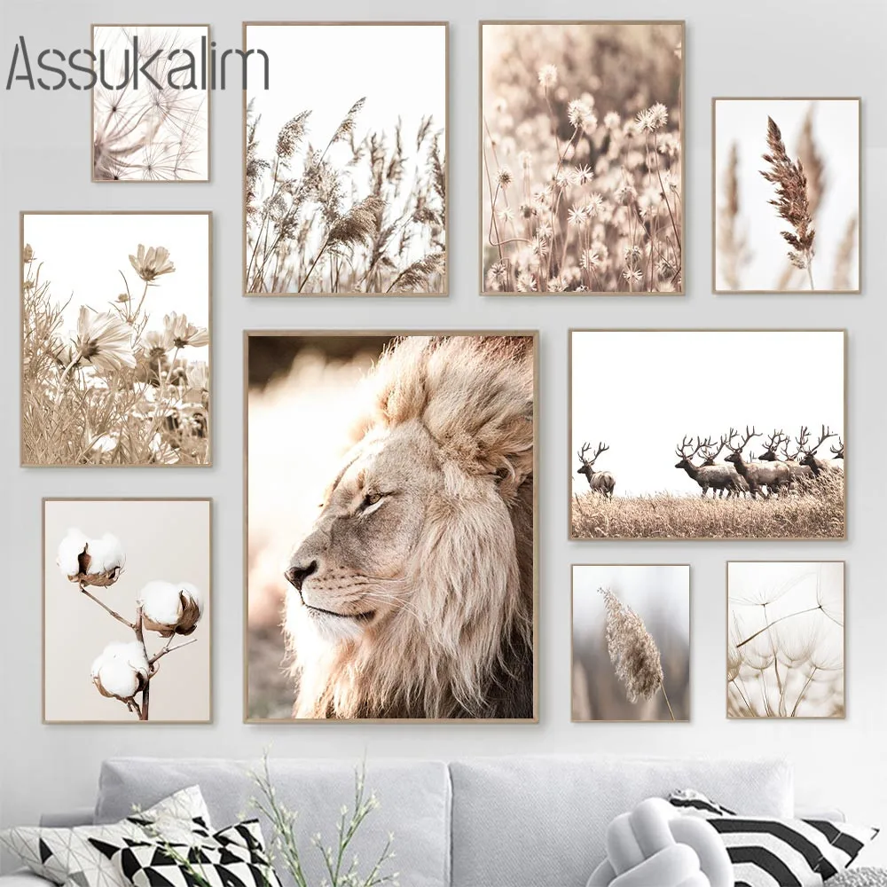 Lion Poster Plant Hay Print Reed Dandelion Canvas Painting Scandinavian Prints Nordic Wall Pictures For Living Room Decoration | Дом и сад
