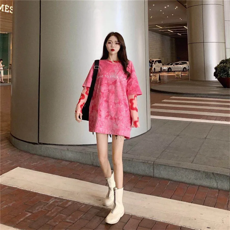 Lychee Harajuku галстук-краска цвет блок Свободная Женская летняя футболка короткий рукав женские футболки вырез лодочкой с буквенным принтом женская футболка