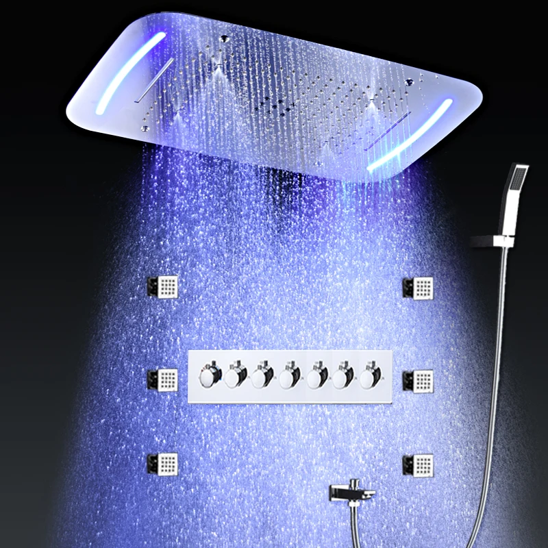 

Multifunctional Massage Thermostatic Shower System Large Rain SPA Electric LED Showerhead Bath Faucet Set Waterfall 710x430mm