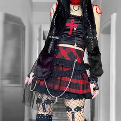 Punk vermelho listra xadrez laço guarnição plissado escola saia rendas até goth y2k corrente mulher escura saias academia estética e menina roupas