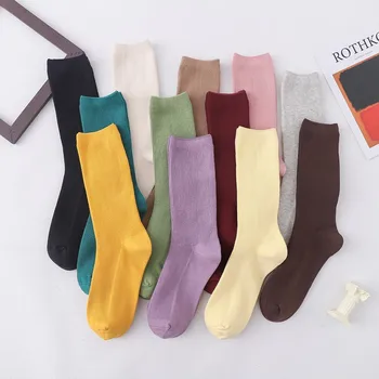 

5Pairs Japanese Breathable Crew Socks School Girls Cute Solid Color Knit Hosiery Elastic Winter Warm Cotton Retro Long Socks