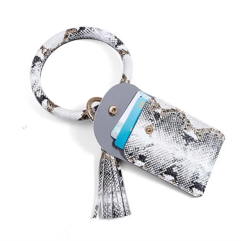 

KC00035 ZWPON Trending Snakeskin Key Ring Wallet Bracelets Textured Leather Tassel Credit Card Leopard Keychains Wholesale