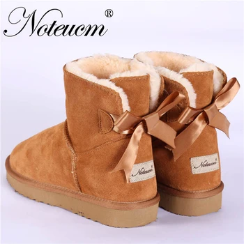 

Genuine Leather Female Winter Girl Furry Australia Shoe Ladies Ankle Boot bow back With Lined Faux Fur Plush Snow Boot for Women