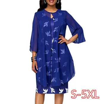 

Spring Summer Dress Women 2020 Casual Plus Size 5XL Slim Print Chiffon Bodycon Dress Cloak Set Elegant Sexy V Neck Party Dresses