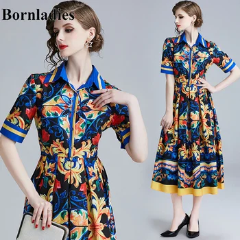 

Bornladies Summer Designer Runway Maxi Dress Women's Short Sleeve High Quality Elegant Print Vintage Blue Long Party Dress