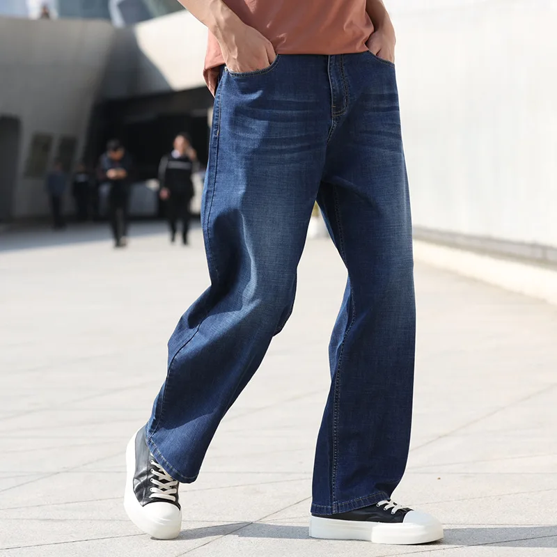 Summer Thin Section Men's Jeans Straight Large Size Loose Denim Trousers Blue Hip hop Leisure Streetwear Wide Leg Pants