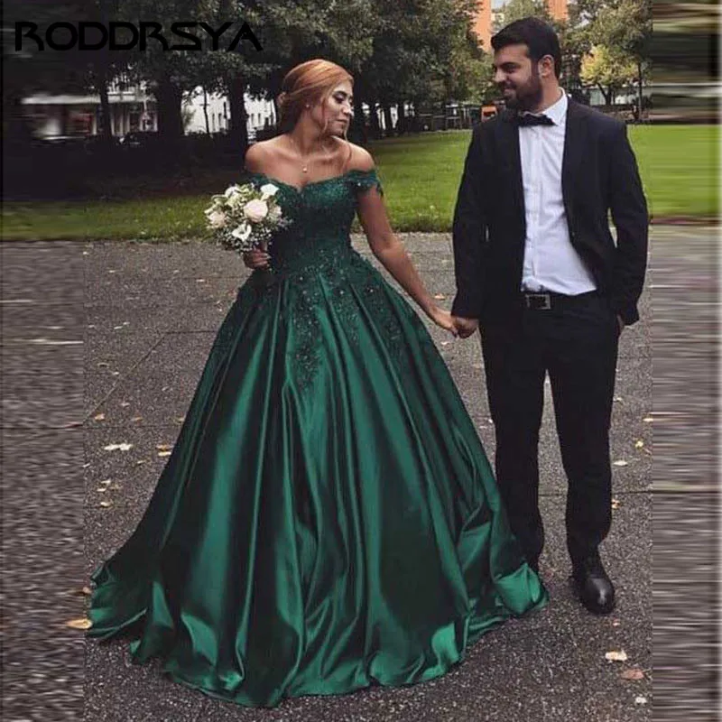 Long Deep Green Off The Shoulder Ball Gown Prom Dress 2021 Sweetheart Neck Lace Appliques Crystal Robe de Soiree Satin Gown princess prom dresses