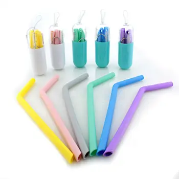 

6 Colors Reusable Silicone Drinking Straws Food Grade Straw with Cleaning Brushes Set