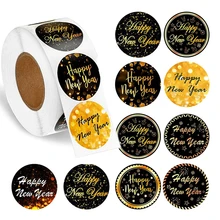 

500Pcs Happy New Year Stickers Black Gold Sealing Stickers Labels Stickers for Christmas Gift Cards Envelopes Boxes