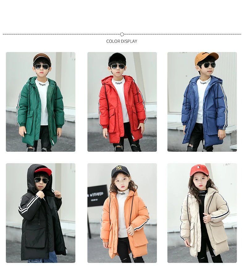 Зимнее пальто для мальчиков и девочек; Зимние Детские утепленные пуховики на утином пуху; Длинная Верхняя одежда с капюшоном; пальто; Детский пуховик