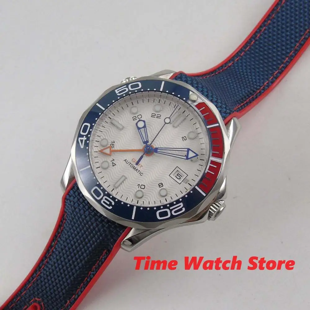  Bliger 41mm GMT 3804 automatic wrist watch men waterproof Luminous white dial date blue red ceramic