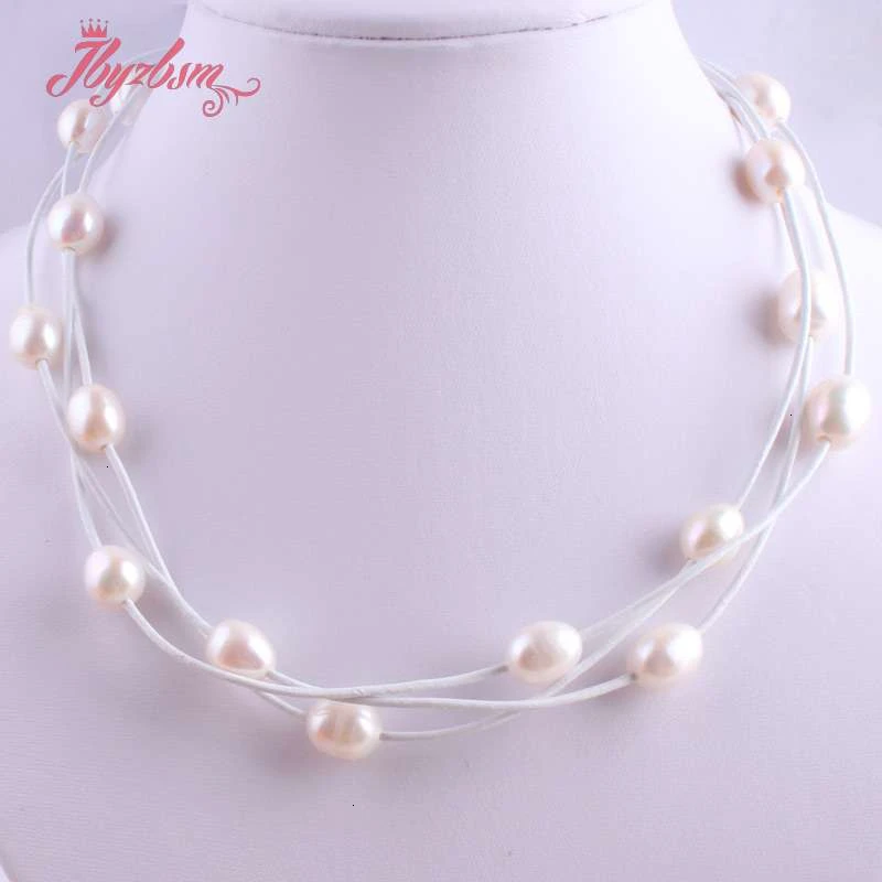 10-12mm Oval Freshwater Pearl Natural Stone Beads For Christmas New Year Gift Jewelry Leather Necklace Lobster Clasp 16