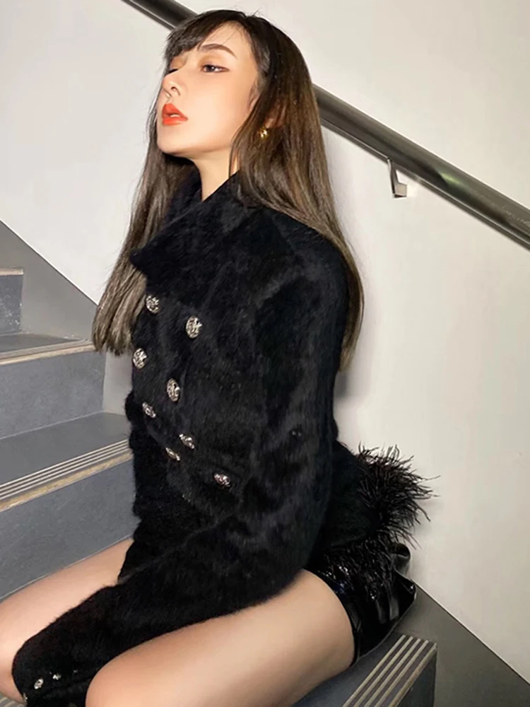ECRURANI Black Elegant Patchwork Feather Coat For Women Stand Collar Long Sleeve Casual Solid Jacket Females 2021 Autumn Clothes
