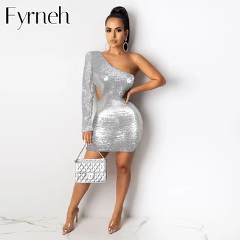 

Fyrneh Women Silver Glitter Sequin Long Sleeve Fashion Sexy Hollow Out Mini Dress One Shoulder Shiny Bodycon Party Club Outfits