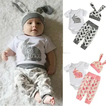 

3PCS Toddler Newborn Baby Girl Boy Easter Letter Outfits Set Bunny Tops + Pants + Hat Casual