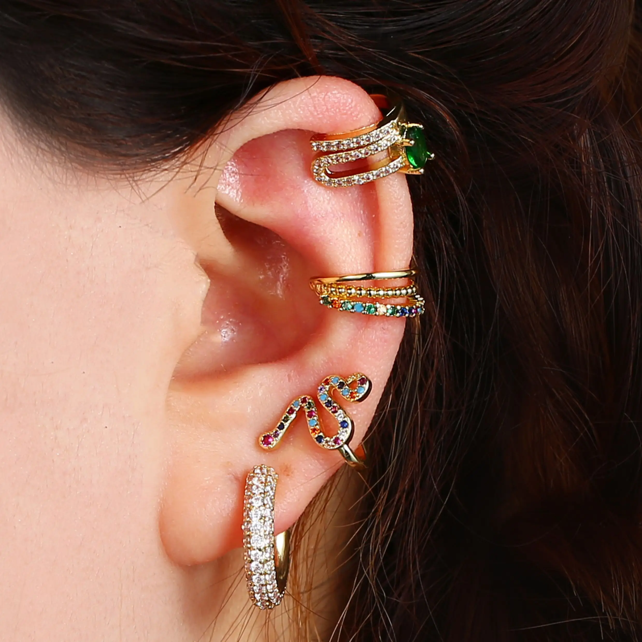 Ear Clip Earrings Clip Earrings Ear Clip Ear Accessories INS 1 Pcs Premium Snake Design Colorful Micro Pave CZ Ear Clip Non pierced Earrings For woman Ear Jewelry