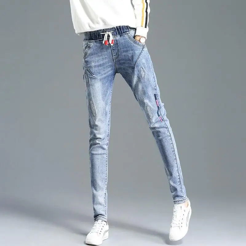 Elastic Waist Jeans 2021 Spring and Autumn High Waist Black Trousers Korean Embroidery Loose Wild Harem Pants Mother Jeans women s jeans 2021 new spring and autumn plus size korean style high waist drawstring harem pants loose feet woman jeans