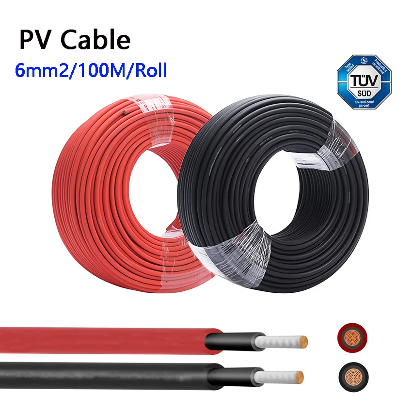 10AWG 6mm2 100/50Meters/roll Tinned Copper Solar Cable Red & Black PV Cable  wire TUV for Solar Panels System Connections