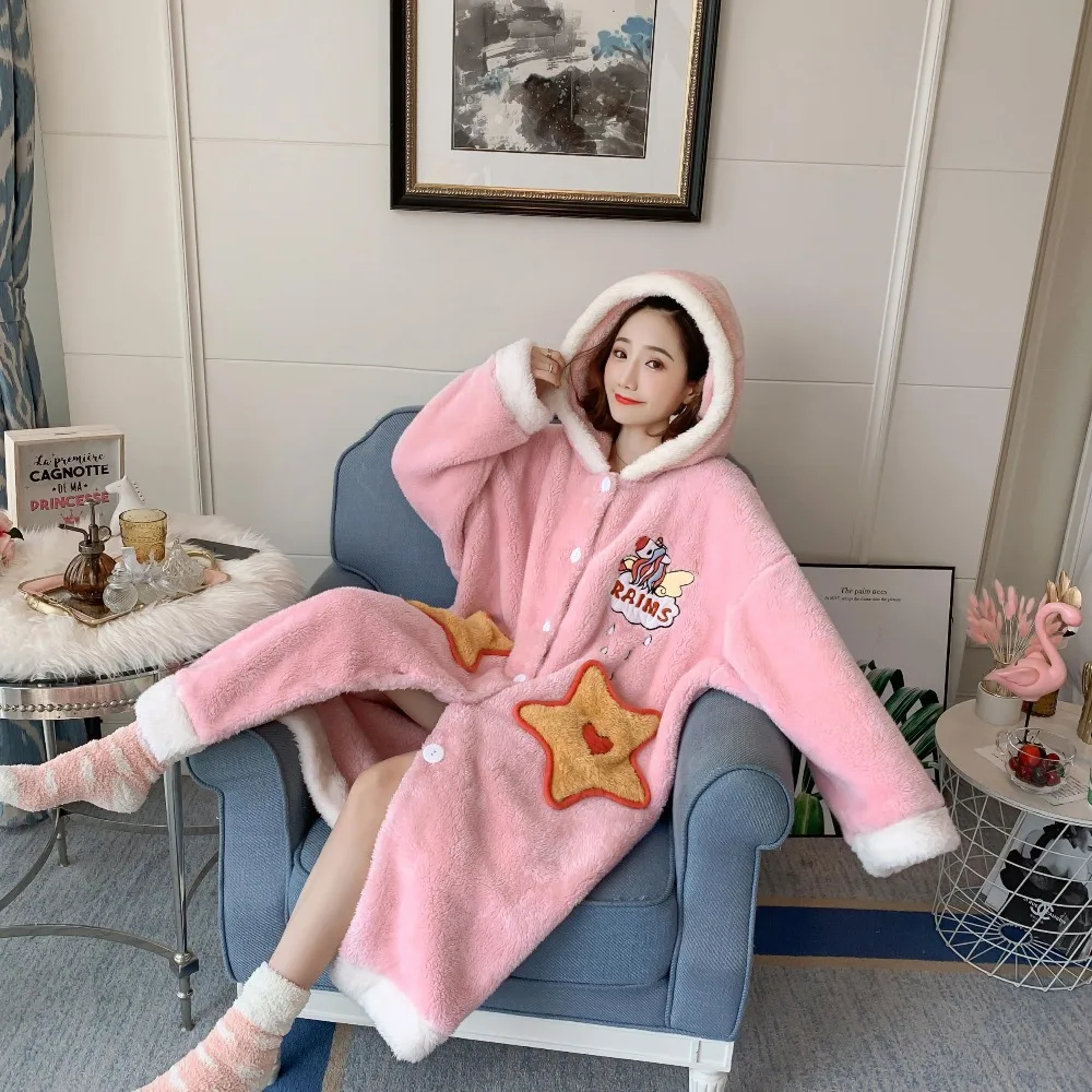 Winter Cute Warm Bathrobes Women Pink Hooded Long Bath Robe Ladies Dressing Soft Gown Kawaii Stars Pockets Robes Female