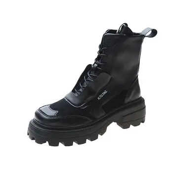 online Botas De Couro De Patente Preta Para As Mulheres Atam Acima Botas De Plataforma 2020 Outono Antiderrapante Ankle Booties Goth Plataforma Sapatos