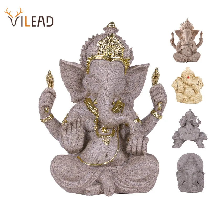 Sandstone Ganesh Statue Hindu Buddha Elephant God Sculpture Hand Carved Resin Handmade Figurine