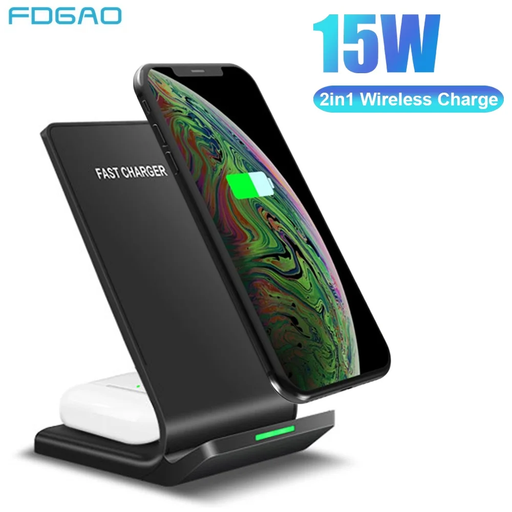 Беспроводная подставка для зарядного устройства Qi 15 Вт 2 в 1 iPhone 11 X XS XR 8 Airpods Pro Samsung
