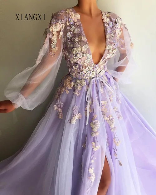Красивое сиреневое вечернее платье с глубоким v-образным вырезом, Длинные тюлевые вечерние платья трапециевидной формы, вечерние платья на выпускной, vestido de festa Longo - Цвет: As image
