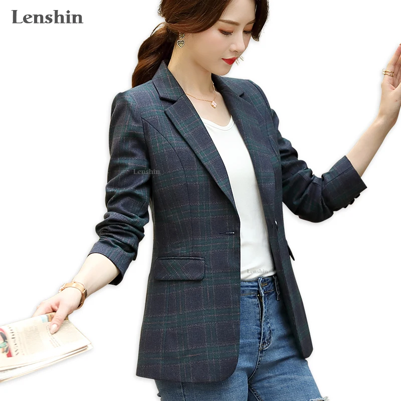 

Lenshin Women Elegant Plaid Jacket Long sleeve Gird Blazer Fashion Work Wear Keep Slim Office Lady Coat Outwear Single Button