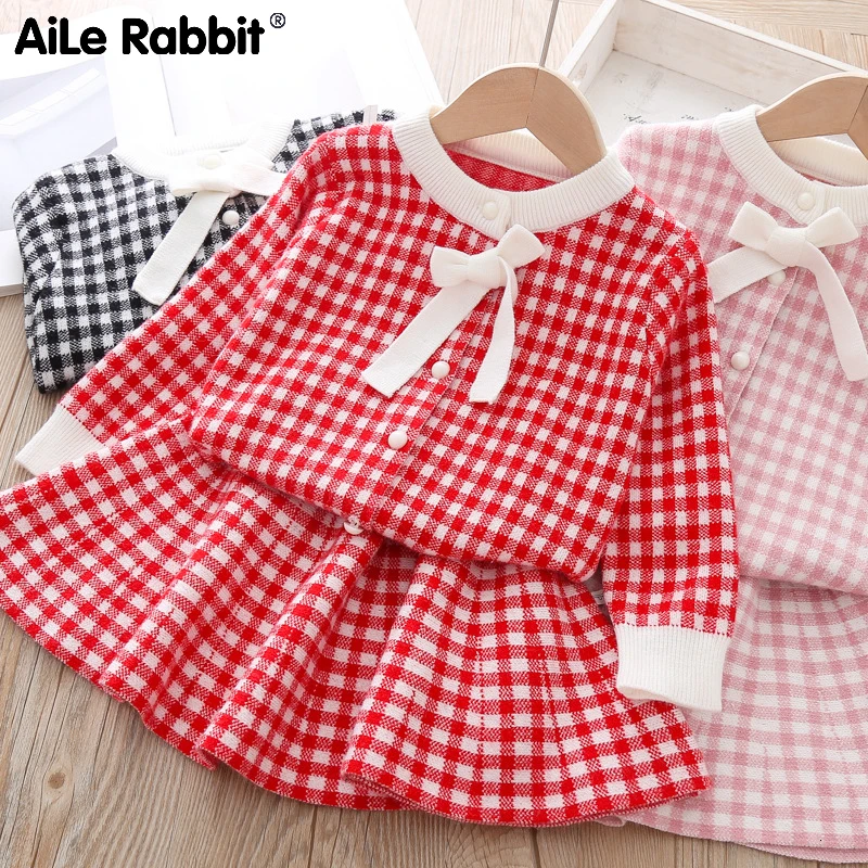 2019 новый осенний свитер для девочек клетчатая куртка с длинными рукавами и юбка