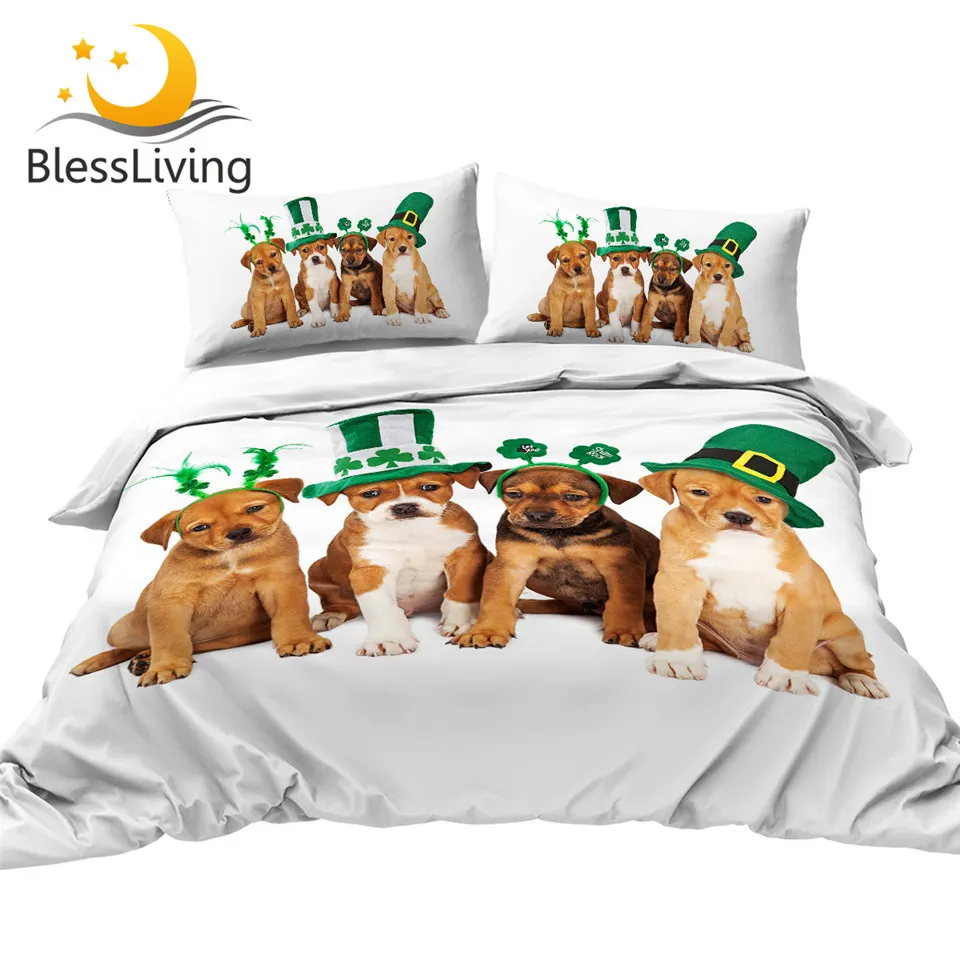 

BlessLiving Dog Bedding Set St. Patrick's Day Summer Bed Cover Green Hat 3D Duvet Cover Lucky Shamrocks Bed Set for Holiday Gift