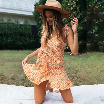 

Jastie 2 Piece Set Women Orange Daisy Print Set Summer Dress Straps Pleated Mini Boho Dresses Suit Gypsy Beach Women Dress 2020