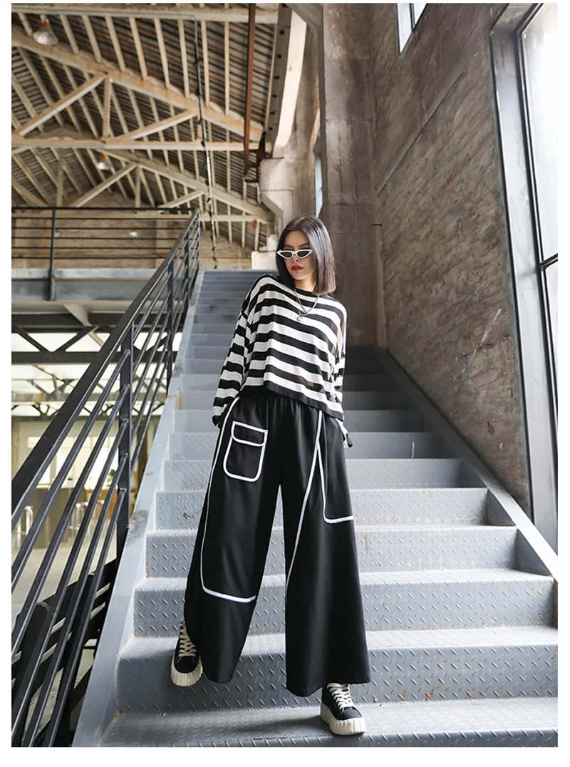 [EAM] High Elastic Waist Black Pocket Split Long Wide Leg Trousers New Loose Fit Pants Women Fashion Spring Autumn 2020 1X812