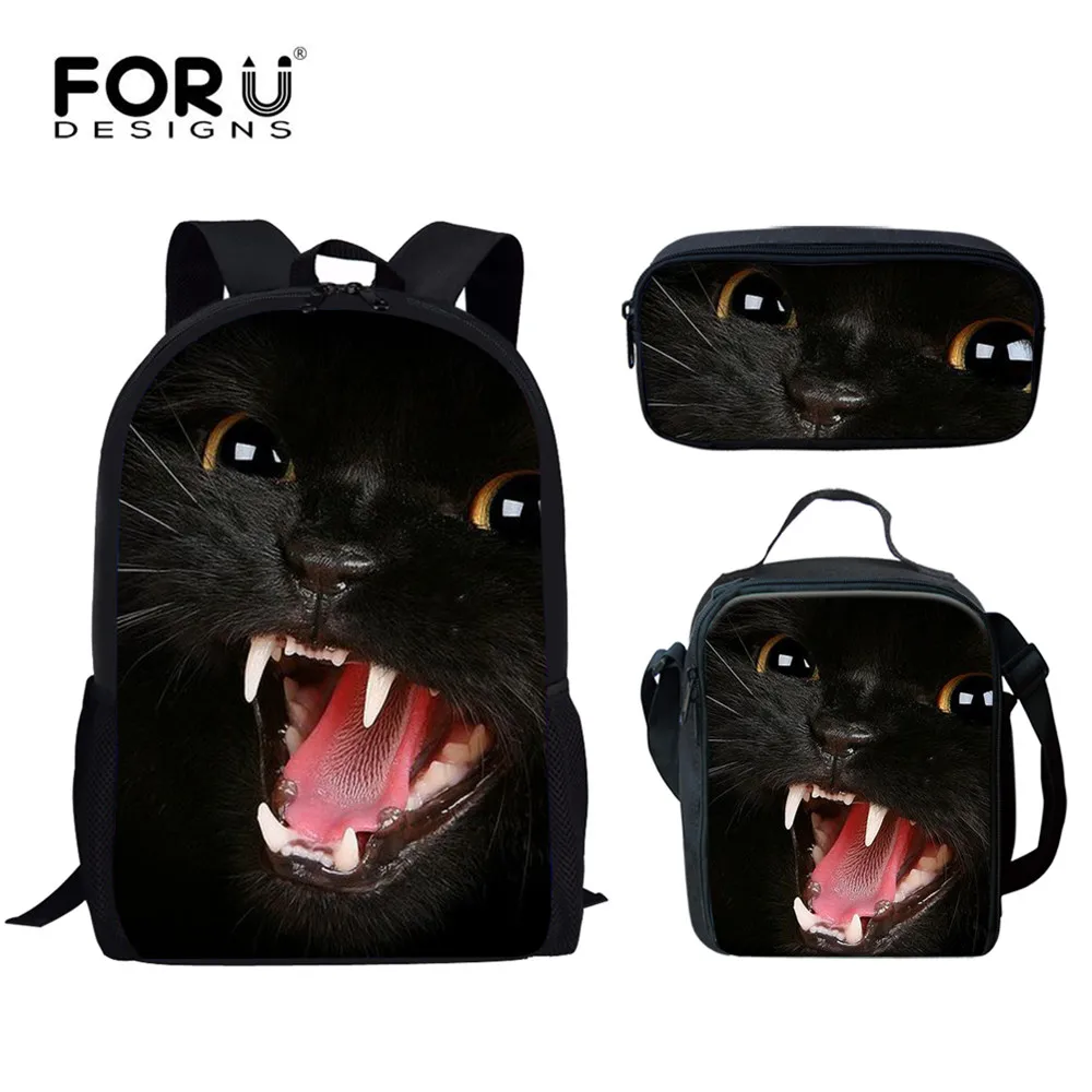 

FORUDESIGNS Cute Animal 3D Cat Brand Designer Children's Backpack Black Casual 3pcs/Set School Bags for Kids Girls Boys Casual