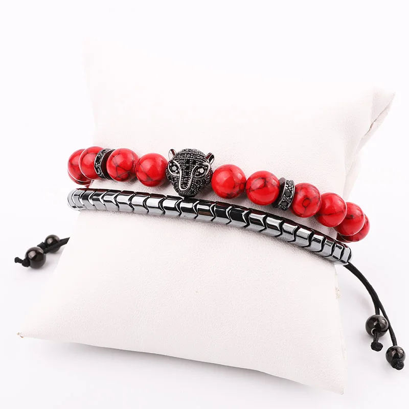 New Design Bracelet Men Red Turquoise Stone Hematite Beads CZ Pave Leopard Charm Macrame Bracelet Men Women - Image 3