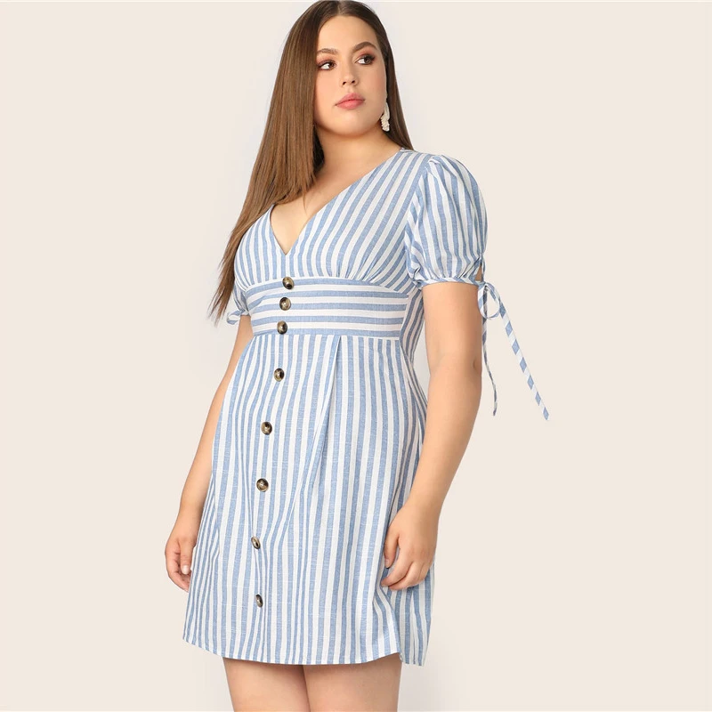 Plus Size Blue Deep V Neck Button Front Tied Cuff Striped Dress Women Summer A Line Boho High Waist Plus Size Dress
