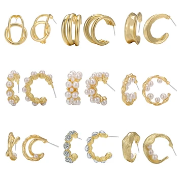 

Gold Color Hoop Earrings for Women Girls 2020 Pearl Crystal Simple Circle Round C Shape Statement Earrings Unique Metal Jewelry