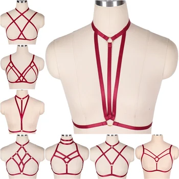 

Red Body Harness Sexy Lingerie Crop Tops Cage Bra Fetish Chest Belt Underwear Strappy Adjust Plus Size Soft Tops Halloween Rave