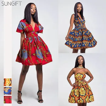 

SUNGIFT African Dress For Women Dashiki African Print Short Dress Polyester 3 Style Mix Color Sexy Skirt 2019 Summer Skirt