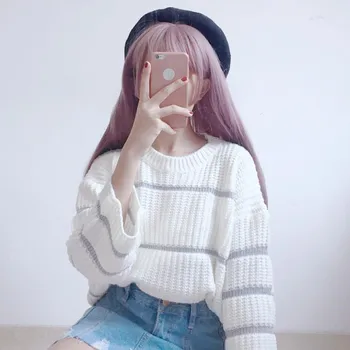 

Focal20 Streetwear Hit Color Stripe Women Sweater Loose Crew Neck Girl Pullovers Jumpers Cute Casual Autumn Lady Sweaters Tops